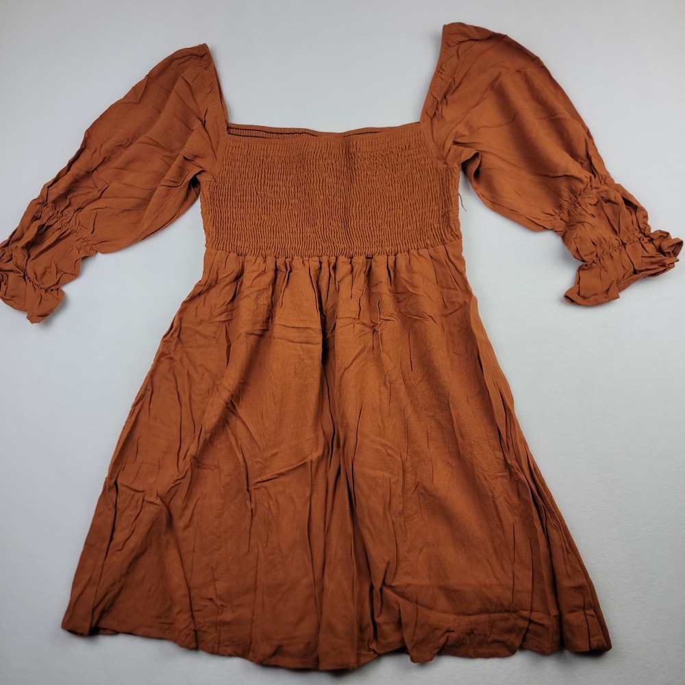 Peach Love California Rust Smocked Mini Dress Long Ruffle Sleeve Large D61598-04